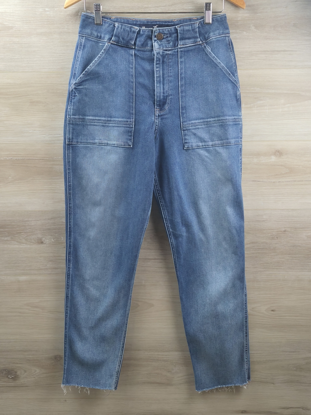 Hollister High Rise‎ Utility Mom Jeans Blue Carpenter Frayed Size 11R / 30 W